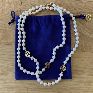 Tory Burch Evie Dipped Pearl Rosary Logo Necklace